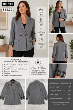 HAVE/RICE Gray Double Breasted Blazer Jacket Small Plaid Cuff Career Office
